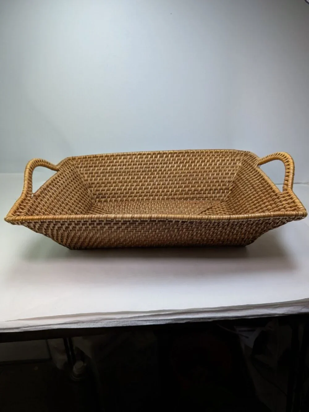 Vintage Wicker Serving Tray Basket Rectangular Flared Handles Tight Weave